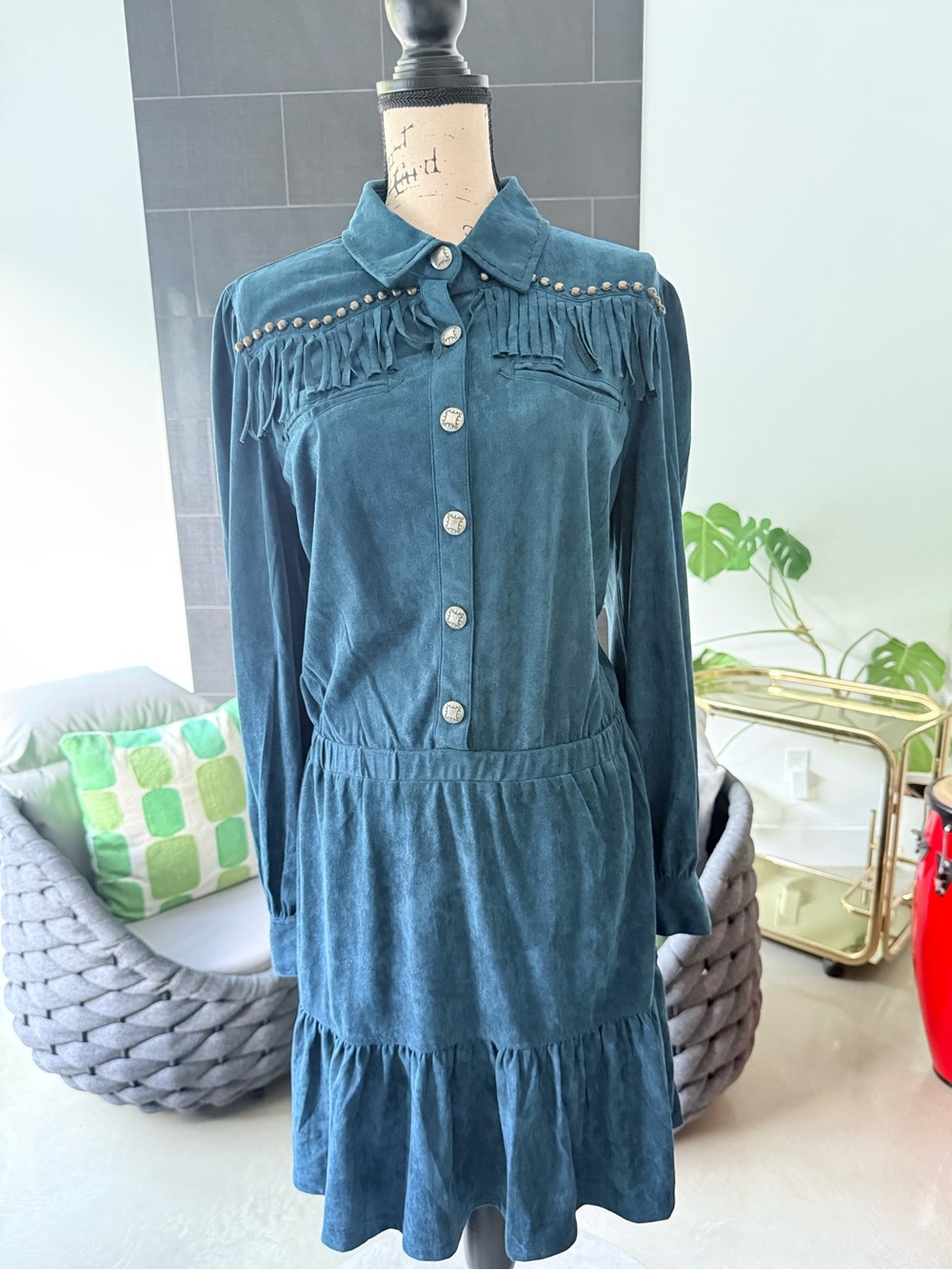 Double D Ranch Teal Suede Fringe Button-Front Long-Sleeve Dress